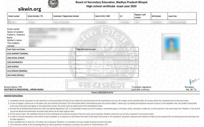 MP Board Admit Card 2024